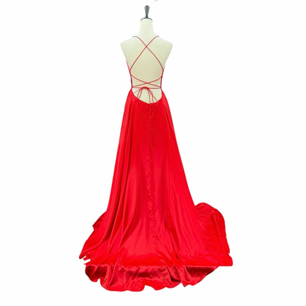 Sherri Hill Red Satin Strappy Lace Up Back Valentines A-Line Formal Prom Dress - Picture 4 of 13